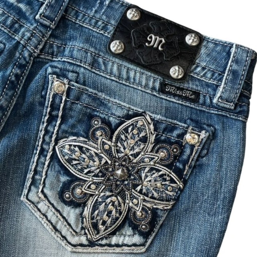 Miss Me Jeweled Distressed Mid-Rise Signature Bootcut Jeans - Size 30